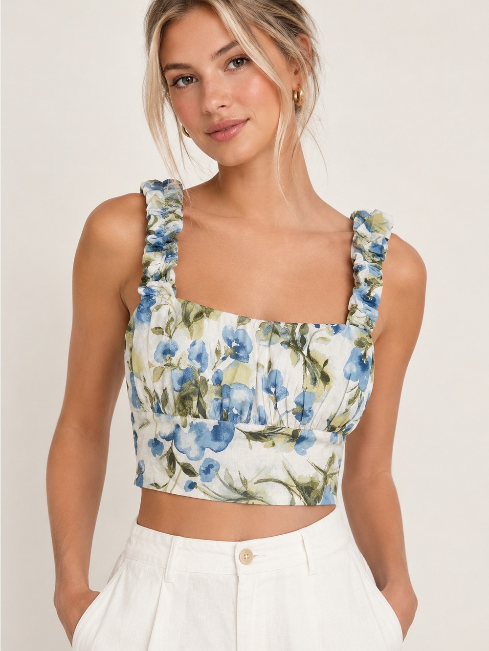 Abercrombie Floral Ruffled Strap Crop Tank Top Feminine Cottagecore